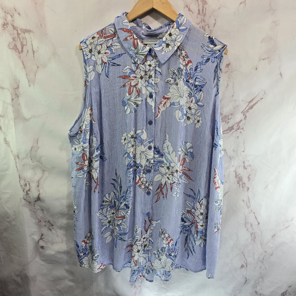 Catherines Shirt Women 3X 26 28 Blue Tank Top Floral Striped Collared Button Up